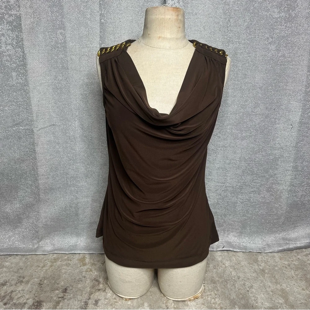NY Collection Brown Draped Blouse with Chain Accents - Picture 1 of 8